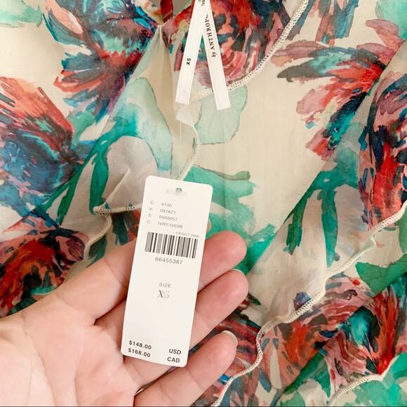 Anthropologie Soft Printed Ruffle Mini Dress NEW XS White Green Blue - Picture 7 of 8